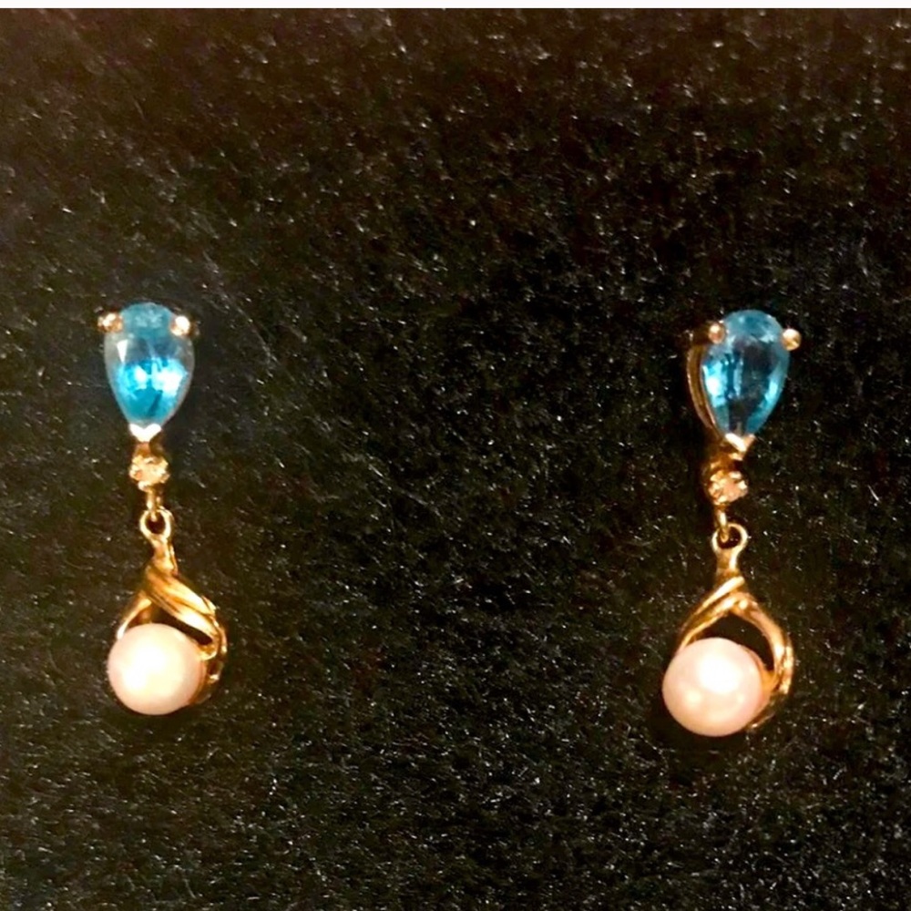 Gold-Tone Blue Crystal and Pearl Drop Earrings